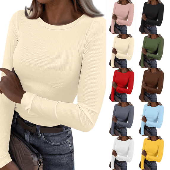 Womens Long Sleeve Tops Stretch Crewneck Ribbed T-Shirt Slim Fit Casual Basic Tops Beige L