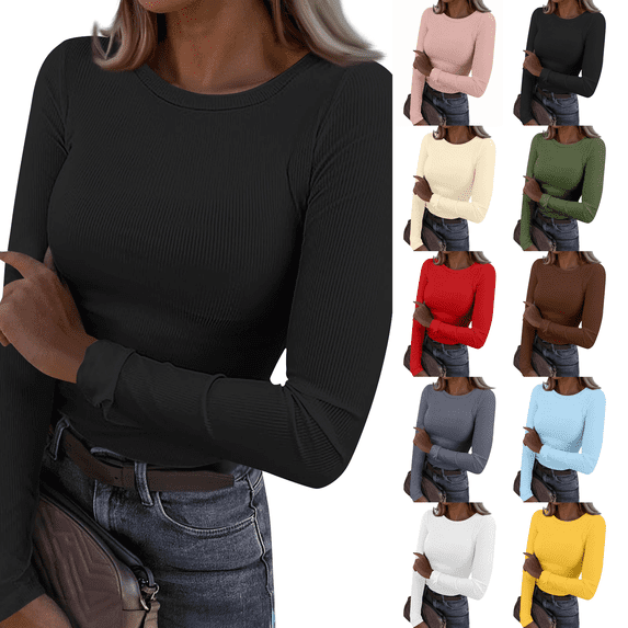 Womens Long Sleeve Tops Stretch Crewneck Ribbed T-Shirt Slim Fit Casual Basic Tops Black XL