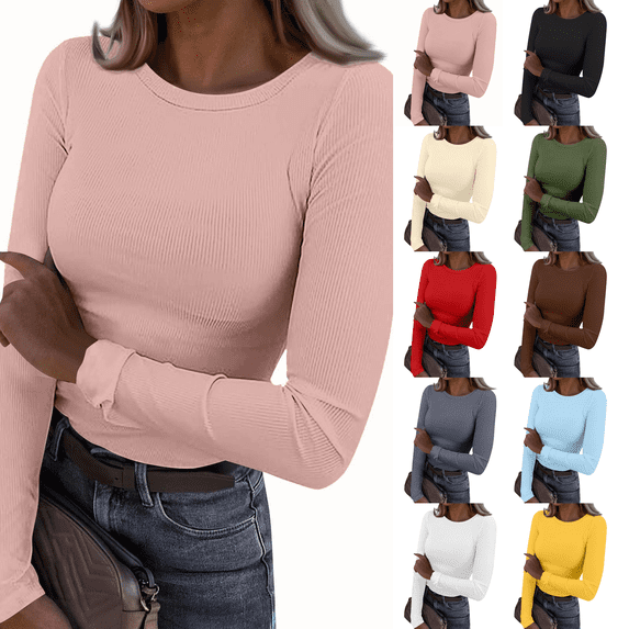 Womens Long Sleeve Tops Stretch Crewneck Ribbed T-Shirt Slim Fit Casual Basic Tops Pink 2XL