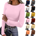 thumbnail image 1 of Womens Long Sleeve Tops Stretch Crewneck Ribbed T-Shirt Slim Fit Casual Basic Tops Pink S, 1 of 8