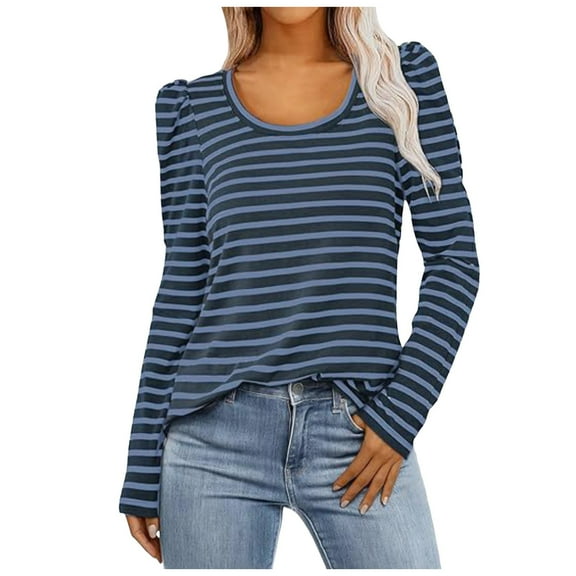 Womens Long Sleeve Tops Striped Color Block Crew Neck Tunic Blouses Relaxed Fit Casual Workout Basic Tee Shirts