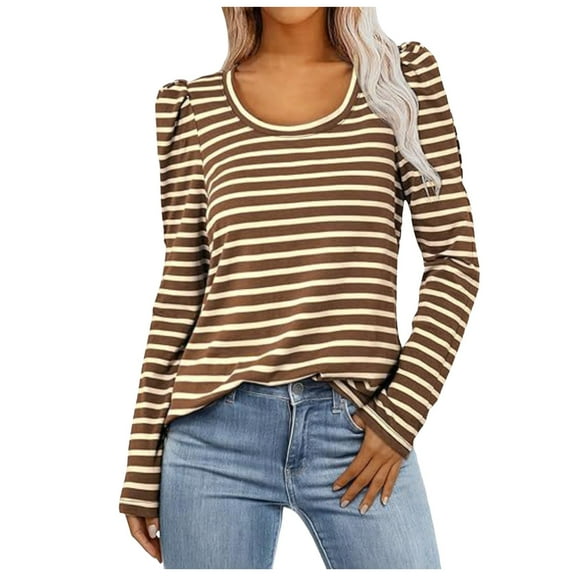 Womens Long Sleeve Tops Striped Color Block Crew Neck Tunic Blouses Relaxed Fit Casual Workout Basic Tee Shirts