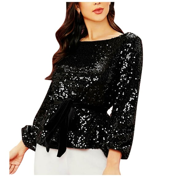 Womens Long Sleeve Tops T Shirts Sequin Fashion Party Pullover With Velvet Waistband Fall Clothes for Women Tees Blouses Black XL