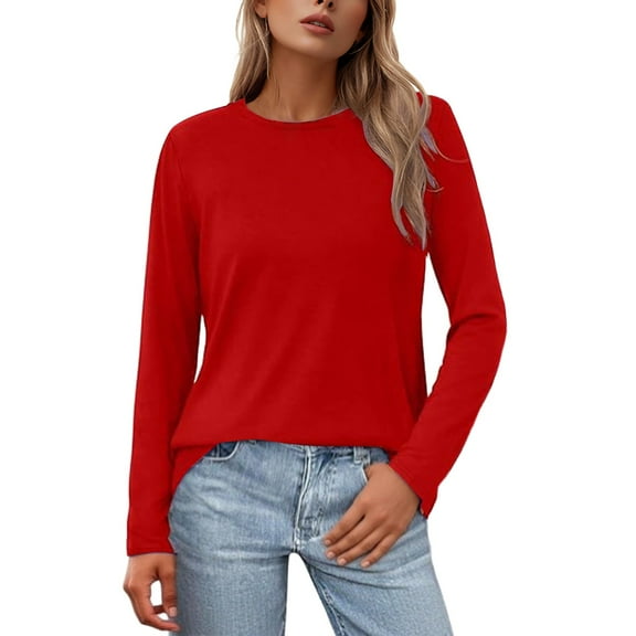 Womens Long Sleeve Tops T Shirts Soft Loose Fit Crewneck Thermal Base Layer Winter Casual Fall Clothes for Women Tees Blouses Red L