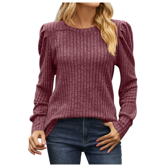 Womens Long Sleeve Tops T Shirts Solid Ground Crewneck Bubble Shoulder Fall Clothes for Women Tees Blouses Red 2XL
