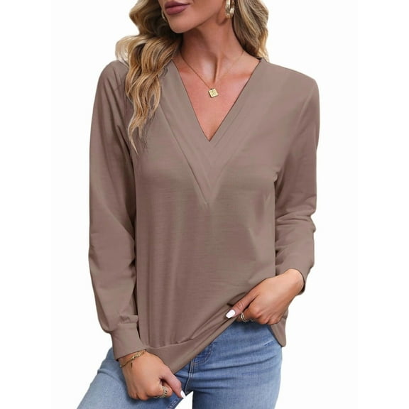 Womens Long Sleeve Tops T Shirts V Neck Casual Top Comfortable Shirt Soft Basic Tees Women Blouses Brown S