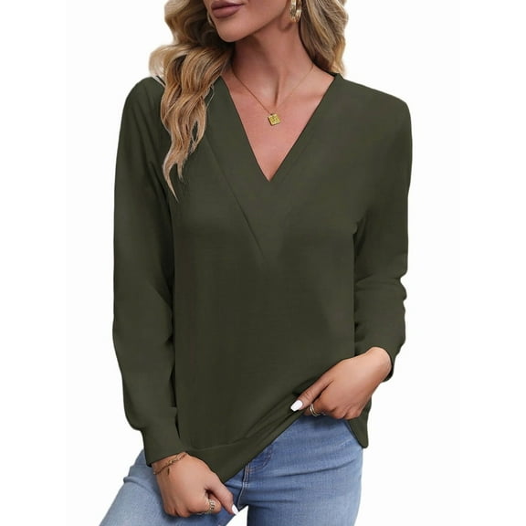 Womens Long Sleeve Tops T Shirts V Neck Casual Top Comfortable Shirt Soft Basic Tees Women Blouses  Green L