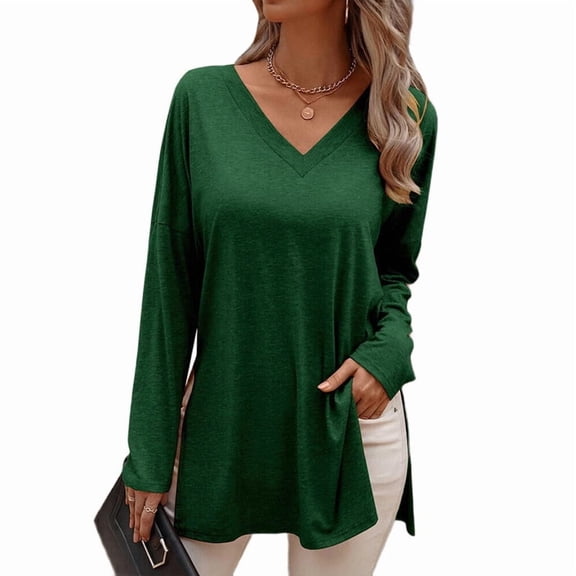 Womens Long Sleeve Tops T Shirts V Neck Casual Top Comfortable Shirt Soft Basic Tees Women Blouses Green M