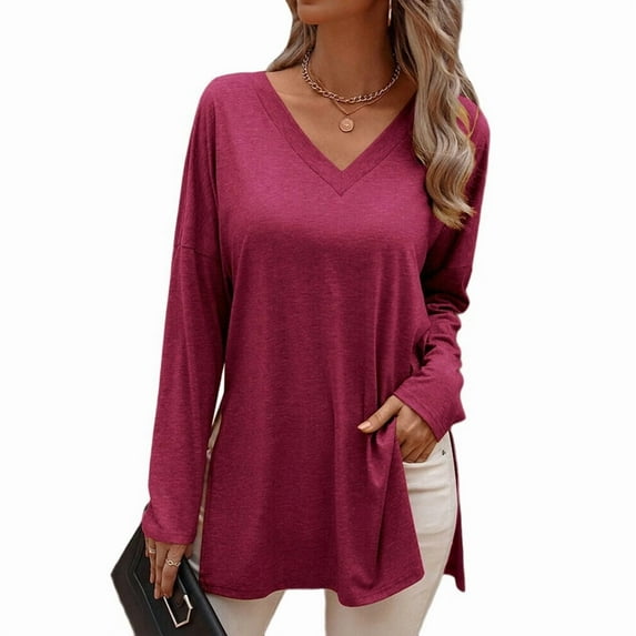 Womens Long Sleeve Tops T Shirts V Neck Casual Top Comfortable Shirt Soft Basic Tees Women Blouses Rose Red L
