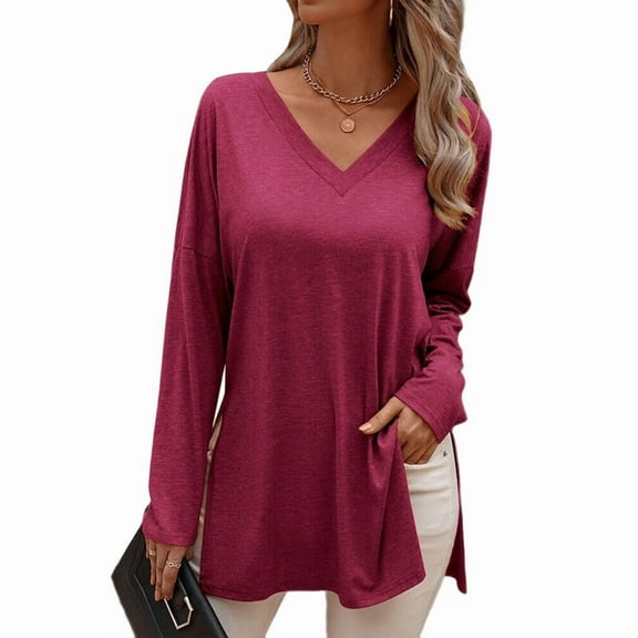 Womens Long Sleeve Tops T Shirts V Neck Casual Top Comfortable Shirt Soft Basic Tees Women Blouses Rose Red XL