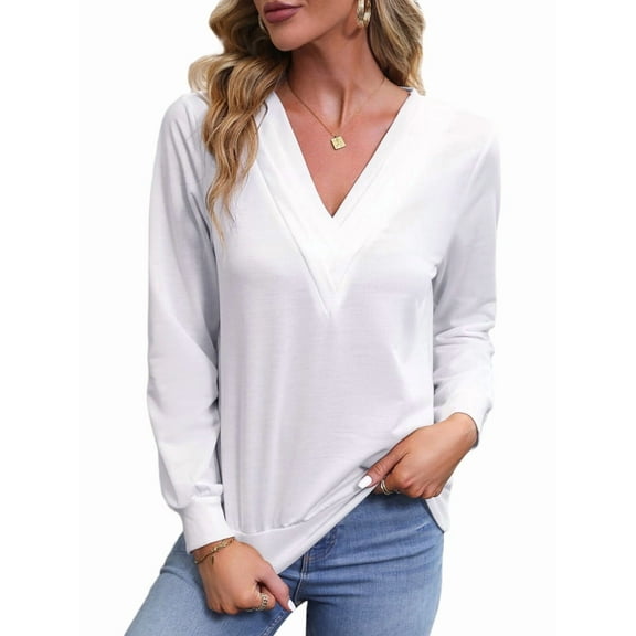Womens Long Sleeve Tops T Shirts V Neck Casual Top Comfortable Shirt Soft Basic Tees Women Blouses White L