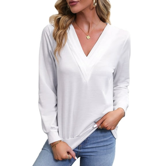 Womens Long Sleeve Tops T Shirts V Neck Casual Top Comfortable Shirt Soft Basic Tees Women Blouses White XL