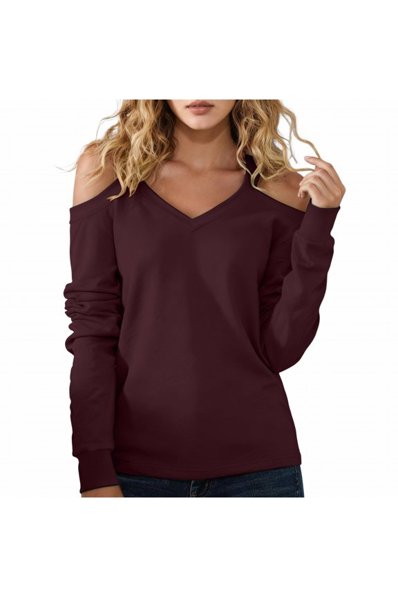 Womens Long Sleeve Tops V Neck Cold Shoulder Long Sleeve Loose Sexy Basic Plus Size Tops