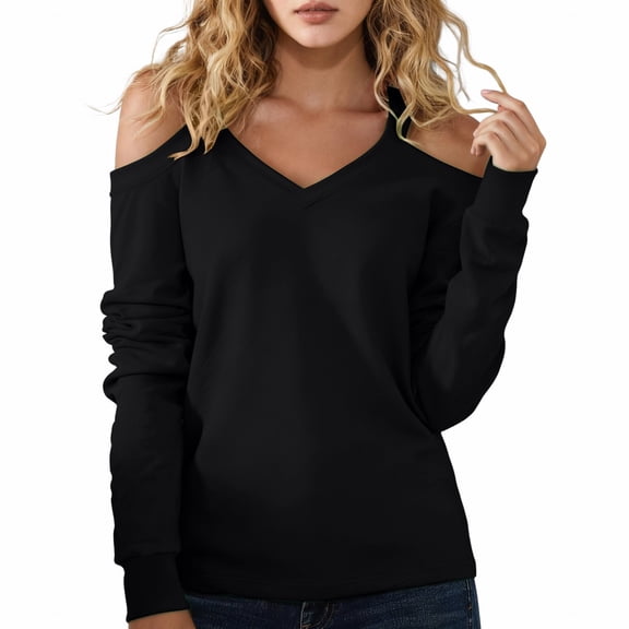 Womens Long Sleeve Tops V Neck Cold Shoulder Long Sleeve Loose Sexy Basic Plus Size Tops