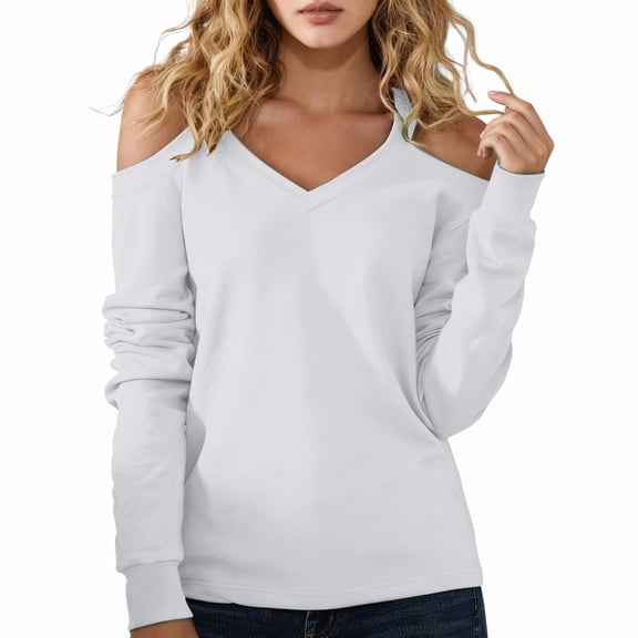 Womens Long Sleeve Tops V Neck Cold Shoulder Long Sleeve Loose Sexy Basic Plus Size Tops