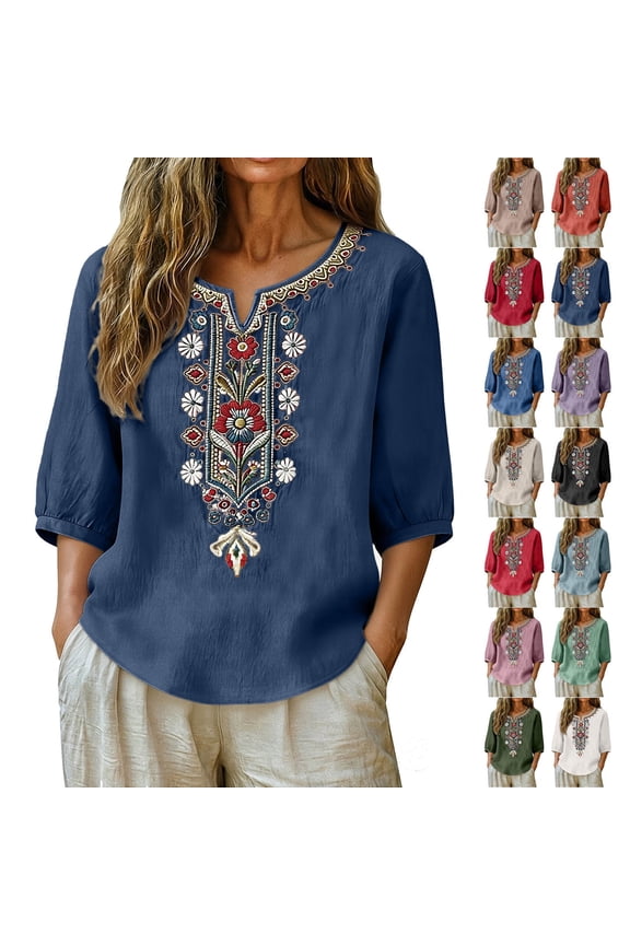 Women's Embroidered Tops 3/4 Sleeve Boho Linen Shirts V Neck Summer Casual Tops Peasant Tunic Loose Blouse