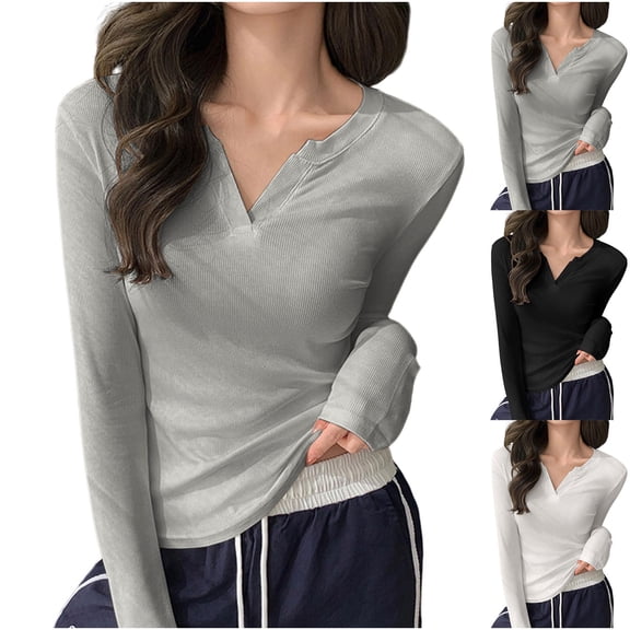 Womens Long Sleeve Tops V Neck Ribbed Tshirts for Women Slim Stretchy Casual Fall Pullover Going Out Top
