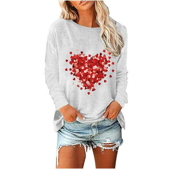 Womens Long Sleeve Tops Valentine's Day Crewneck Sweatshirts Shirts Trendy Fall Outfits White L