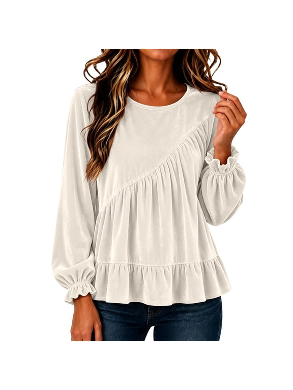 Womens Long Sleeve Tops Velvet Blouse Ruffle Top Plus Size Tops Fall Outfits Casual Tops Comfy Clothes Beach Vacation Going Out Tops Fall Fashion Fall Tops