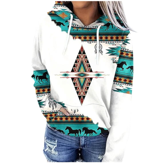 Womens Long Sleeve Tops Western Aztec Hoodie Ethnic Print Hoodie Pullover Cowgirl Rhombus Printed Hooded Sweatshirt Tops Womens Clothing Cheap