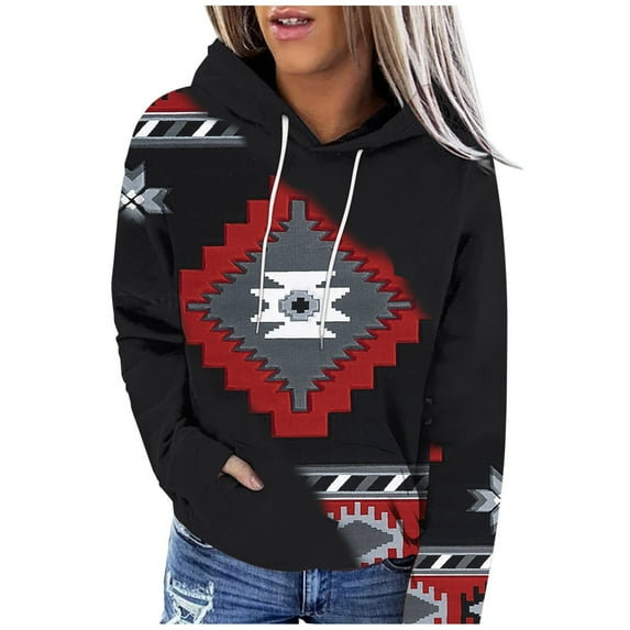 Womens Long Sleeve Tops Western Aztec Hoodie Ethnic Print Hoodie Pullover Cowgirl Rhombus Printed Hooded Sweatshirt Tops Womens Clothing Cheap