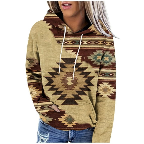 Womens Long Sleeve Tops Western Aztec Hoodie Ethnic Print Hoodie Pullover Cowgirl Rhombus Printed Hooded Sweatshirt Tops Womens Clothing Cheap