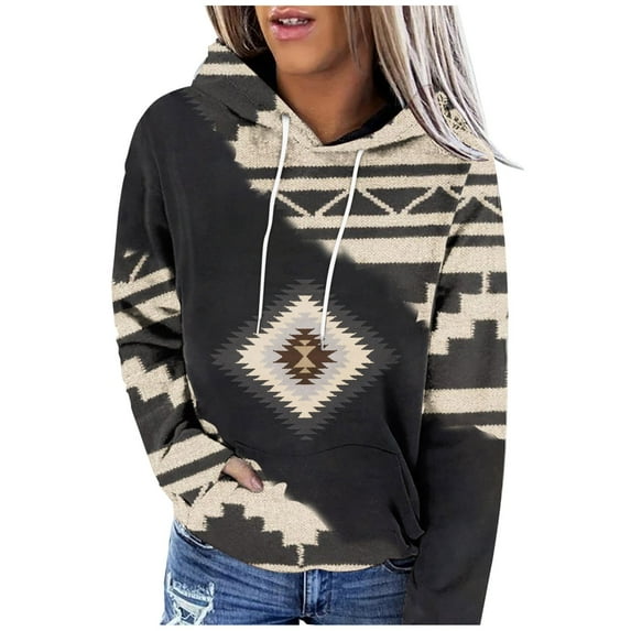 Womens Long Sleeve Tops Western Aztec Hoodie Ethnic Print Hoodie Pullover Cowgirl Rhombus Printed Hooded Sweatshirt Tops Womens Clothing Cheap