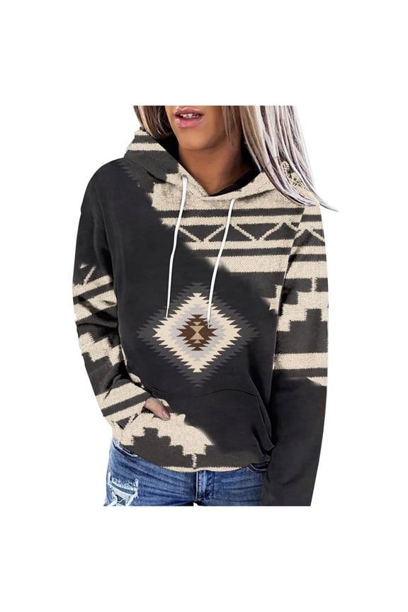 Womens Long Sleeve Tops Western Aztec Hoodie Ethnic Print Hoodie Pullover Cowgirl Rhombus Printed Hooded Sweatshirt Tops Womens Clothing Cheap