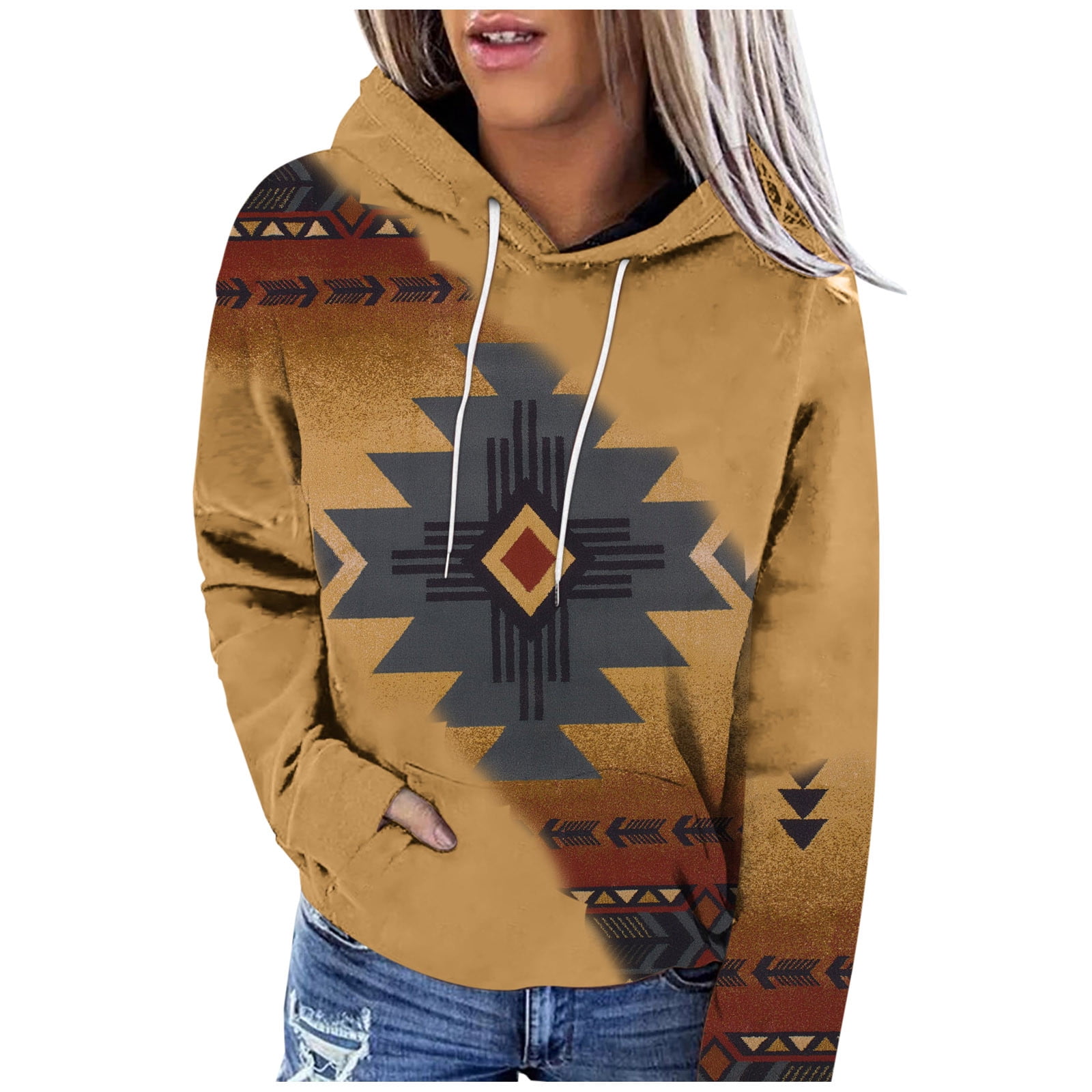 Jeans Ladies Western Ethnic Style Rhombus Printed Sweatshirt GA