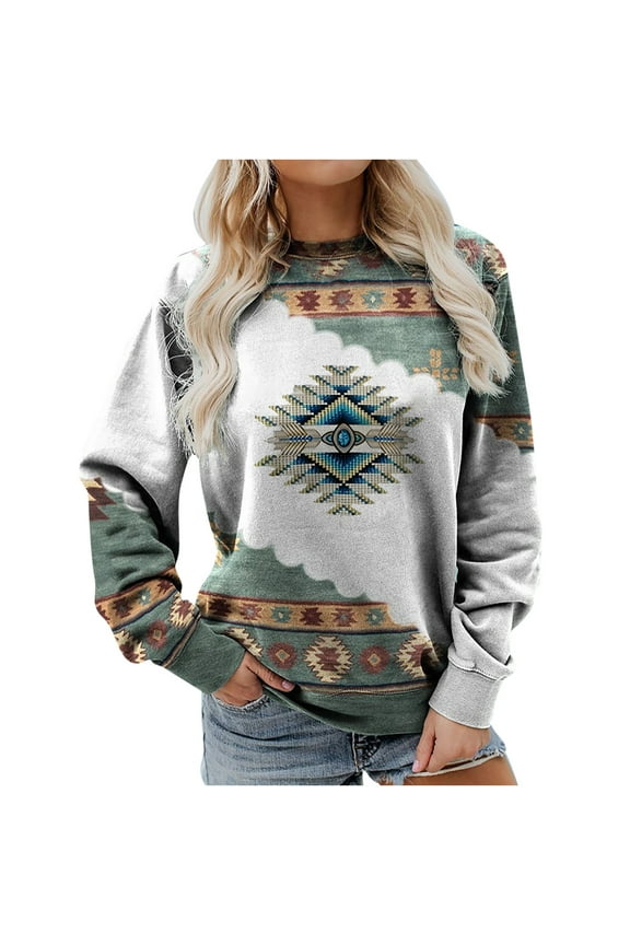 Womens Long Sleeve Tops Western Aztec Sweatshirt Crewneck Cowgirl Clothes Casual Loose Fit Tops Fashion Lightweight Tops Womens Clothing Cheap