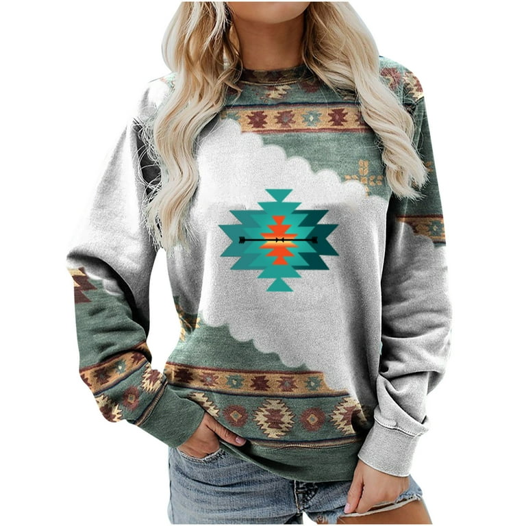 Womens Long Sleeve Tops Western Aztec Sweatshirt Crewneck