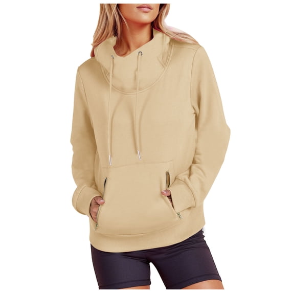 Womens Long Sleeve Tops Winter Fall Basic Hooded Long-sleeved Bubble Cuff Drop Shoulder Hoody Plain Leisure Cotton Hoodie Outerwear(Khaki,XL)