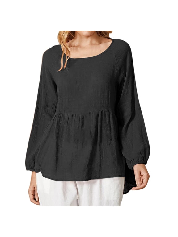 Womens Long Sleeve Tops, Women's Bishop Long Sleeve Ruched Square Neck Ruffle Hem Peplum Blouse Top