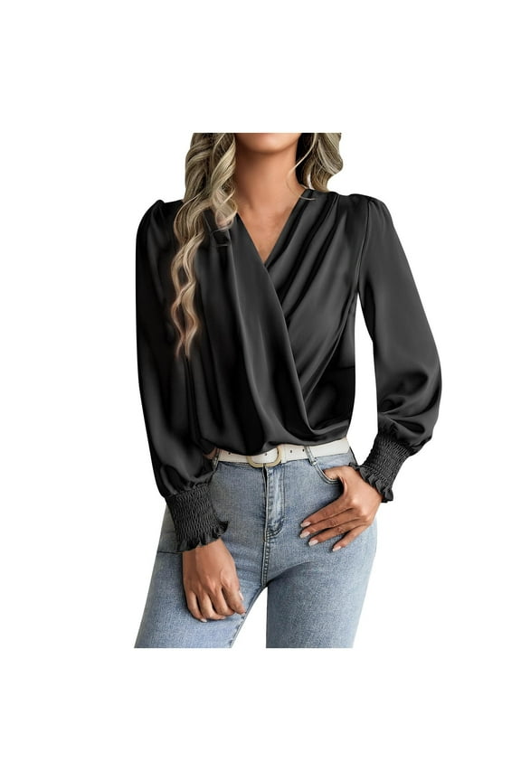 Womens Long Sleeve Tops, Women's Chiffon Draped Wrap V Neck Ruched Top Dressy Casual Long Sleeve Blouse Elegant Shirred Cuff Work Shirts