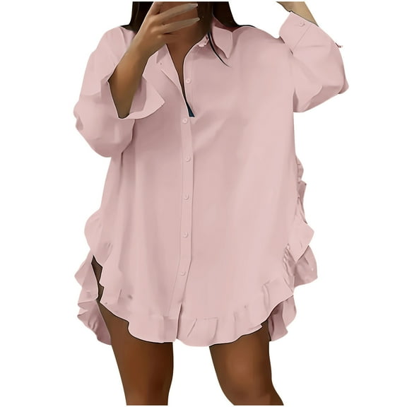 Womens Long Sleeve Tops, Women's Irregular Ruffle Trim Split Curved Hem Blouse Dressy Casual Loose Lapel Collar Button Down Long Sleeve Shirt Top