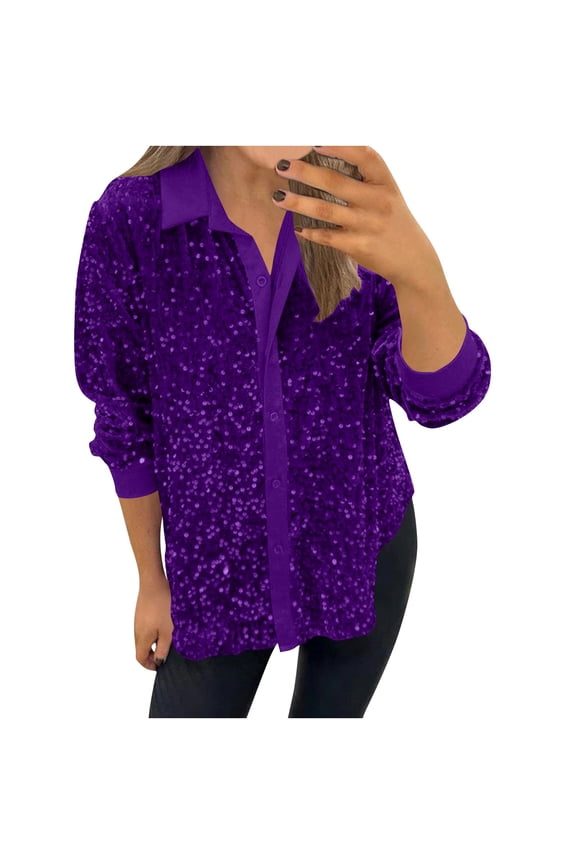 Womens Long Sleeve Tops, Women's Lapel Single Row Sparkly Party Shirt, Long Sleeve Glitter Sequin Blouse Tops, Sequin Button Down Shirt