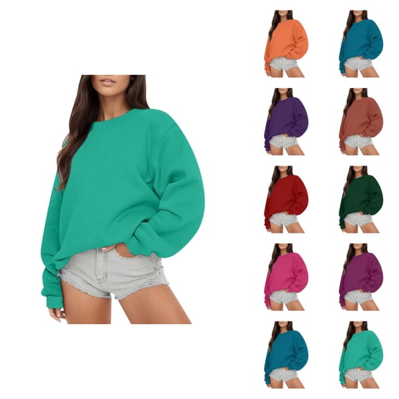 Womens Long Sleeve Tops Women's Solid Color Sweatshirt Women Long Sleeve Sweatshirt Comfortable Crewneck Loose Fit Pollover Hoodie Fall Tops