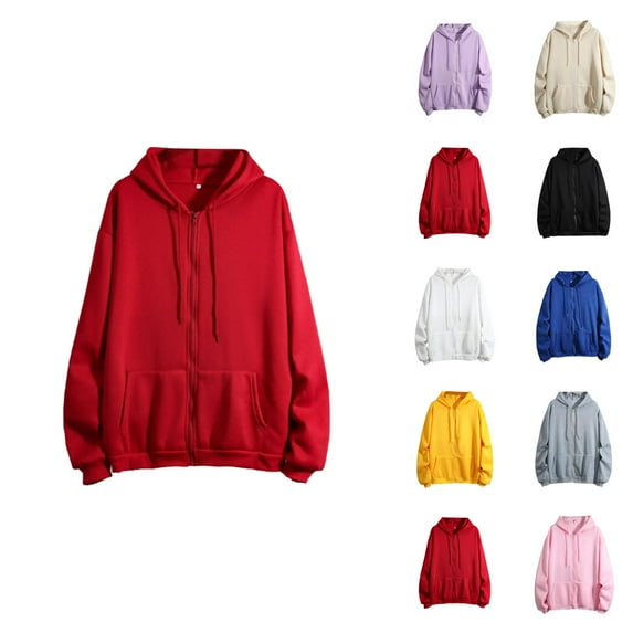 Womens Long Sleeve Tops Women's Solid Color Sweatshirt Women Winter Warm Fashion Long Sleeve Loose Solid Color Hooded Zipper Pocket Sweatershirt Coat