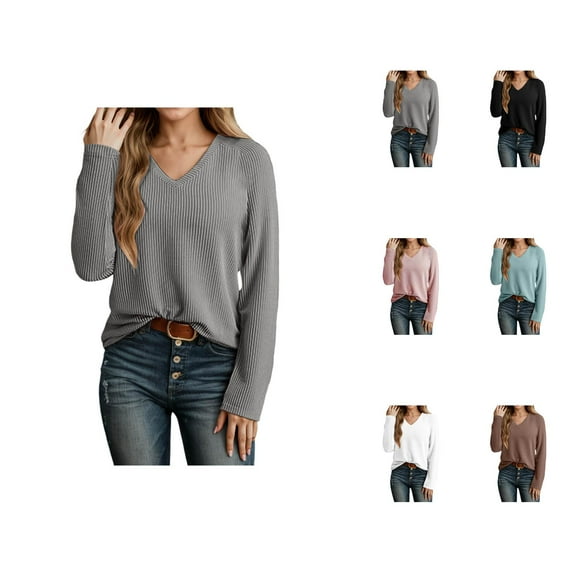Womens Long Sleeve Tops Women's Solid Color Sweatshirt Women's Casual Long Sleeve V Neck Sweatshirt Soft Ribbed Knit Pullover Tops For Everyday Wear Comfortable Stylish Basic Shirt
