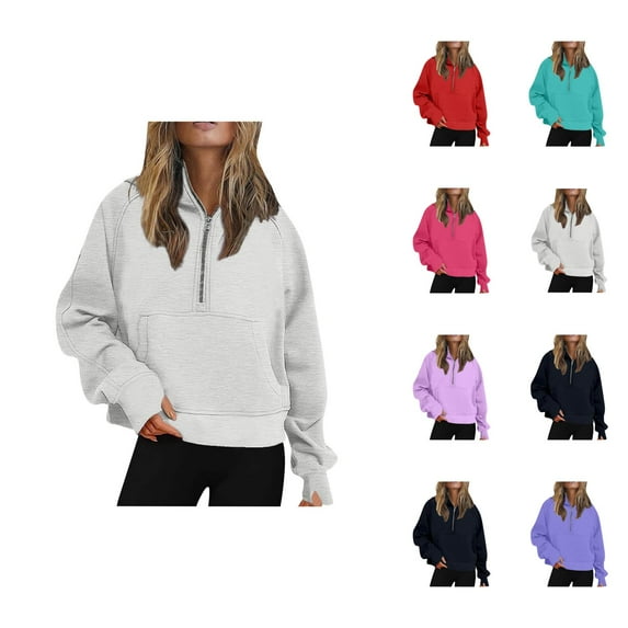Womens Long Sleeve Tops Women's Solid Color Sweatshirt Women's Hoodies And Sweatshirts For Everyday Comfort Loose Fit Autumn Winter Half Zip Yoga Top With Hood Lined Design For Casual Outfits