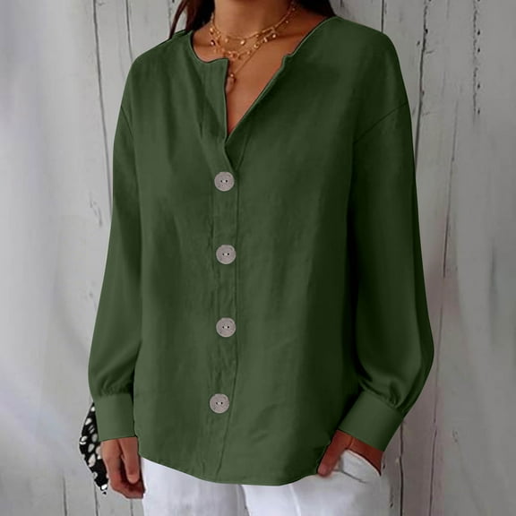 Womens Long Sleeve Tops, Women's Solid Color V-neck Long Sleeve Loose And Linen With Decorative Buttons Top Blouse