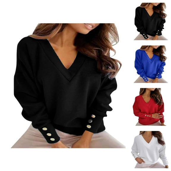 Womens Long Sleeve Tops Women's Solid Sweatshirt Ladies Casual Loose Solid Color Buttons V-neck Long-Sleeved Sweater Women