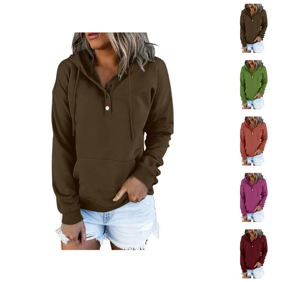 Womens Long Sleeve Tops Women's Solid Sweatshirt Pullover For Womens Button Down Hoodies Drawstring Hooded Pocket Casual Long Sleeve V Neck Sweatshirts