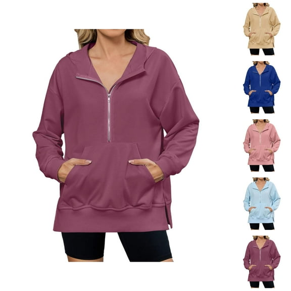 Womens Long Sleeve Tops Women's Solid Sweatshirt Women's Zip Up Hoodie Pullover Casual Long Sleeve Full Zip Jacket With Stand Collar For Daily Wear All Season Comfort