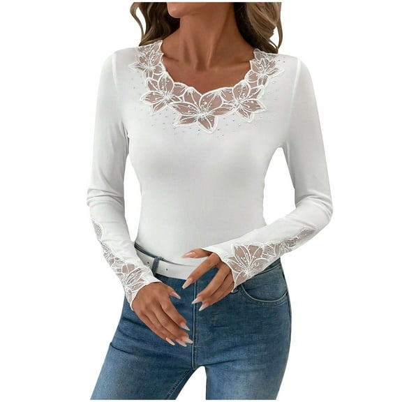Womens Long Sleeve Tops, Women's Sparkly Tops Formal Floral Lace Long Sleeve T Shirts Rhinestone Fitted Knit Tops