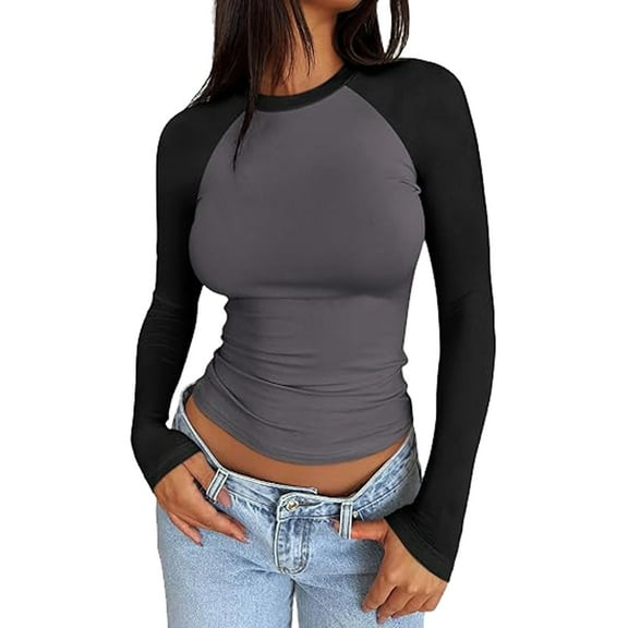 Womens Long Sleeve Tops, Yigetop Women's Long Sleeve Shirts Slim Fit Stretchy Color Block Slightly Cropped Tops Long Sleeve T Shirt Women Grey L