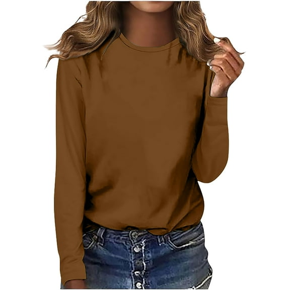 Womens Long Sleeve Tops, Yigetop Women's Round Neck Long Sleeve Top Solid Color Casual T Shirt Long Sleeve Shirts for Women Brown S