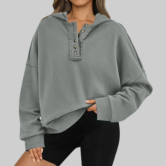 Womens Long Sleeve Tops and Pullovers Oversized Sweatshirt Sweatshirt Hooded V Neck Button Hoodies Tunic Pullover Tops