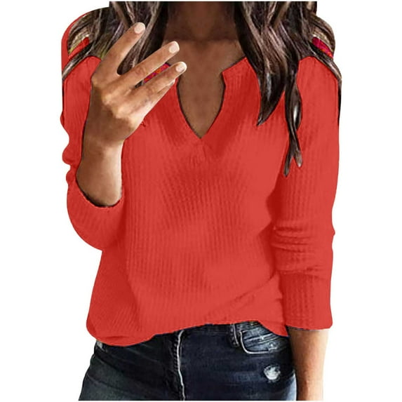 Womens Long Sleeve Tshirt V Neck Loose Fit Soft Waffle Knit Thermal Tops Solid Color Blouse