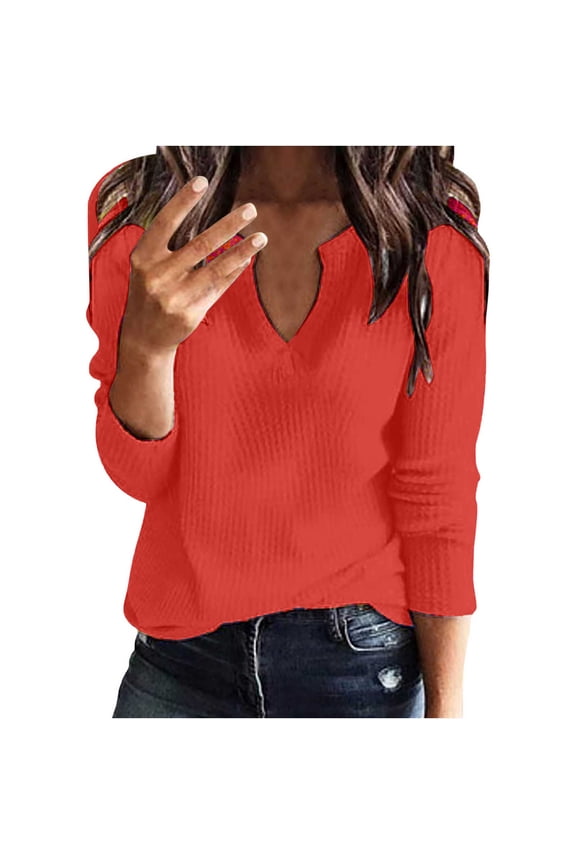 Womens Long Sleeve Tshirt V Neck Loose Fit Soft Waffle Knit Thermal Tops Solid Color Blouse